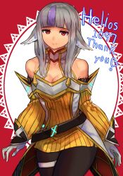 1girls alternate_costume animal_ears bare_shoulders belt black_belt black_pantyhose breasts cleavage commission cosplay crossover detached_sleeves dress english_text expressionless female female_only fire_emblem fire_emblem_fates gloves grey_hair highres long_hair looking_at_viewer medium_breasts mixed-language_commentary multicolored_hair nia_(xenoblade) nia_(xenoblade)_(cosplay) nintendo pantyhose purple_hair r123 red_eyes ribbed_dress skeb_commission solo streaked_hair thank_you velouria_(fire_emblem) white_gloves wolf_ears wolf_girl xenoblade_(series) xenoblade_chronicles_3 yellow_dress yellow_sleeves