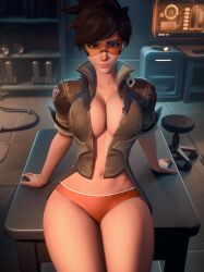 1girls 3d 3d_(artwork) absurd_res belly_button big_breasts breadblack busty dark_hair female female_only freckles freckles_on_breasts furniture hands_on_table highres human human_only jacket lena_oxton light-skinned_female light_skin looking_at_viewer no_pants on_table orange-tinted_eyewear overwatch pale-skinned_female pale_skin panties pantsless shirtless short_hair sitting sitting_on_table solo solo_female solo_focus table thighs tinted_eyewear tracer underwear visor