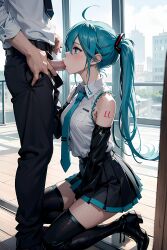 1boy 1girls ai_generated blowjob blue_hair blue_tie buisness_suit fellatio fully_clothed hatsune_miku on_knees penis_in_mouth school_uniform side_view sucking_penis thighhighs tie vocaloid