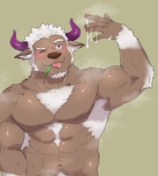 1boy animal_ears bad_id bad_twitter_id bara biceps blush brown_fur chest_hair chest_tuft cow_ears cow_horns cum cum_on_hands cum_string facial_hair furry furry_male goatee hand_up horns large_pectorals long_sideburns looking_at_hand male male_focus male_only mature_male minotaur muscular muscular_male nipples no_nipples nude one_eye_closed pectorals purple_eyes purple_horns sanpaku shennong short_hair sideburns solo thick_eyebrows tokyo_afterschool_summoners tongue tongue_out upper_body white_hair yanutorie