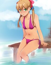 1girls bare_arms bare_legs bare_midriff bare_shoulders bare_thighs belly_button bikini bikini_bottom bikini_top blonde_hair blush blush_lines blushing_at_viewer cleavage earrings female female_only green_earrings green_eyes hair_ribbon hair_ribbons long_hair looking_at_viewer melty_(suisei_no_gargantia) midriff navel ocean pink_bikini pink_bikini_bottom pink_bikini_top pink_ribbon pout pouting pouting_at_viewer pouting_lips ribbon ribbon_in_hair ribbons sea seaside ship ship_deck solo suisei_no_gargantia sweat sweatdrop sweating swimsuit swimwear thick_thighs twintails water