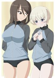 2girls black_buruma blonde_hair blue_eyes blush breasts brown_eyes brown_hair buruma closed_mouth girls_und_panzer gym_uniform keizoku_military_uniform large_breasts long_hair looking_at_another mika_(girls_und_panzer) military_uniform shichimenchou short_hair small_breasts smile track_jacket uniform youko_(girls_und_panzer)