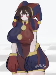 1girls 2023 2d 2d_(artwork) 2d_artwork blush breasts brown_hair curvy_figure female female_focus female_only glitch_productions gloves gooseworx jester jester_costume jester_girl jester_hat jester_outfit manimiya massive_breasts nipple_bulge pomni pomni_(the_amazing_digital_circus) red_eyes short_hair simple_background solo solo_female solo_focus sweat sweatdrop sweating tagme the_amazing_digital_circus thick_thighs thighs white_background