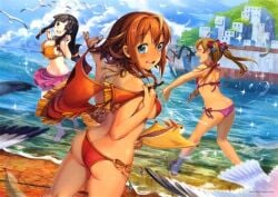 3girls amber_eyes amy_(suisei_no_gargantia) ass_cleavage bare_arms bare_back bare_legs bare_midriff bare_shoulders bare_thighs barefoot belly_button big_breasts bikini bikini_bottom bikini_scarf bikini_top black_hair blonde_hair blue_eyes blush bracelet brown_hair butt_crack cleavage closed_eyes fanservice female female_only flat_chest flat_chested flying_squirrel gold_bracelet gold_jewelry golden_bracelet green_eyes hair_ribbon hair_ribbons hairclip inner_sideboob light_skin long_hair looking_at_viewer medium_breasts melty_(suisei_no_gargantia) midriff multiple_girls navel orange_bikini orange_bikini_top pink_bikini pink_bikini_bottom pink_bikini_scarf pink_bikini_top pink_swimwear poncho red_bikini red_bikini_bottom red_bikini_top red_hairclip red_ribbon red_ribbons ribbon ribbon_in_hair saaya_(suisei_no_gargantia) seagal ship ship_deck ships_bridge short_hair sideass sideboob sparkling_water suisei_no_gargantia swimsuit_skirt tan_skin thick_thighs tied_hair twintails white_skin