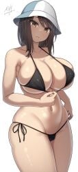 1girls bikini breasts brown_eyes brown_hair cleavage female girls_und_panzer hi_res huge_breasts light-skinned_female light_skin long_hair massive_breasts mika_(girls_und_panzer) samegami