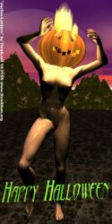 1990s 1999 20th_century 3d fire halloween jack-o'-lantern naked_female pumpkin_head thrallord