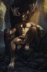 abs anthro antlers b.koal balls chair deer diffuse_moose facial_hair furniture genitals hi_res hooves horn male mammal moose moustache muscular muscular_anthro muscular_male new_world_deer pecs penis solo throne vein veiny_penis waterfall