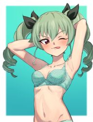 anchovy_(girls_und_panzer) armpits arms_behind_head blush bra breasts brown_eyes collarbone drill_hair female girls_und_panzer green_bra green_hair green_panties hair_ribbon lingerie long_hair looking_at_viewer navel ogi_non panties simple_background small_breasts smile solo tongue tongue_out twin_drills twintails upper_body wink