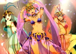 3girls amber_eyes amy_(suisei_no_gargantia) anklet aqua_eyes arm_scarf arms_up bare_arms bare_back bare_legs bare_midriff bare_shoulders bare_thighs barefoot belly_button belly_dancer belly_dancer_outfit big_breasts bikini bikini_bottom bikini_top blonde_hair blue_bikini blue_bikini_bottom blue_bikini_top blue_bracelets blue_collar blue_feathers blue_gem blue_gemstone blue_head_gem blue_loincloth blue_silk blush bracelet brown_hair cleavage collar confetti dancer dancer_class dancer_girl dancer_girls dancer_outfit feather_in_hair feathers female female_only gem gold_bracelets gold_headdress gold_headwear golden_bracelets golden_headwear green_bikini green_bikini_bottom green_bikini_top green_bracelet green_collar green_eyes green_feathers green_loincloth green_silk head_gem head_scarf headdress headwear jewelry loincloth long_hair medium_breasts melty_(suisei_no_gargantia) metal metal_collar midriff multiple_girls navel open_mouth pink_bikini pink_bikini_bottom pink_bikini_top pink_bracelet pink_collar pink_feathers pink_loincloth pink_silk red_gem red_gemstone red_head_gem saaya_(suisei_no_gargantia) see-through see-through_clothing see-through_silk see-through_skirt short_hair silk silk_loincloth silk_skirt skirt small_boobs small_breasts suisei_no_gargantia thick_thighs thighs tied_hair underboob