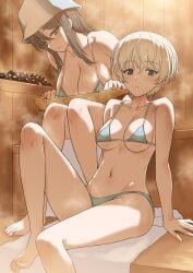 2girls alternate_costume aqua_bikini bare_legs barefoot bikini black_hair blush breasts bucket_hat cleavage collarbone girls_und_panzer grey_hair hat inu_(aerodog) knee_up large_breasts looking_at_viewer medium_breasts mika_(girls_und_panzer) multiple_girls navel sauna sitting smile steam stomach sweat swimsuit white_towel youko_(girls_und_panzer)