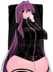 ass big_ass big_breasts big_thighs black_jacket breasts cute doki_doki_literature_club gigantic_ass gigantic_thighs huge_ass huge_breasts huge_thighs jacket long_hair looking_to_the_side pierced_ears purple_hair tagme thick_hips thick_thighs thighhighs thighs usa37107692 yuri_(doki_doki_literature_club)