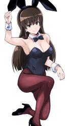 animal_ears armpits black_eyes black_hair bow bowtie breasts collarbone detached_collar fake_animal_ears female girls_und_panzer hand_on_own_ear high_heels hose large_breasts leotard long_hair looking_at_another necktie nishizumi_shiho on_one_knee pantyhose playboy_bunny ponzu_rui rabbit_ears simple_background smile solo strapless strapless_leotard white_background wrist_cuffs