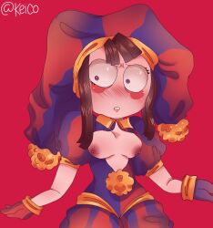 2023 2d 2d_(artwork) 2d_artwork blush breasts brown_hair female glitch_productions gloves gooseworx jester jester_costume jester_hat jester_outfit keico looking_to_the_side pomni pomni_(the_amazing_digital_circus) short_hair small_breasts tagme the_amazing_digital_circus unbuttoned white_body