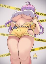 from_below headphones hip_vent huge_breasts indie_virtual_youtuber large_breasts long_hair midriff multicolored_hair open_clothes purple_hair sae_art streaked_hair tank_top thick_thighs thighs underboob virtual_youtuber vividly vividly_vivi yellow_hair