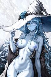 absurd_res absurdres ai_generated blue_body blue_hair blue_nipples blue_rose elden_ring elf_ears gothified halloween hd hi_res high_resolution highres hip_dips hylian_r34 one_eye_closed pointy_ears ranni_the_witch rose rose_(flower) rose_on_hat self_upload tagme unstable_diffusion witch witch_hat