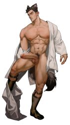 1boy abs absurdres animal_ears bara bare_pectorals black_hair clothes_pull dog_boy dog_ears dog_tail erection highres large_pectorals legwear_garter looking_at_viewer male male_focus male_pubic_hair muscular muscular_male nanyu1998 navel nipples open_clothes original pants pants_around_one_leg pants_pull pectorals penis pubic_hair shirt short_hair simple_background solo tail testicles thick_thighs thighs white_background white_pants white_shirt