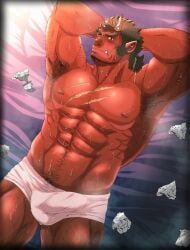 1boy abs absurdres arm_hair armpit_hair armpits arms_behind_head back_hair bara beard_stubble blush boxer_briefs broken_horn bulge chest_hair colored_sclera colored_skin erection erection_under_clothes facial_hair feet_out_of_frame from_above fu_ren_chi hairy highres horns large_pectorals long_sideburns looking_at_viewer lying male_focus male_underwear mature_male medium_hair monster_boy muscular muscular_male navel navel_hair nipples ogre on_back on_bed oni_horns orgus orgus_(f-kare) pectorals ponytail red_skin sanpaku scar scar_on_chest scar_on_face scar_on_nose shoukan_yuusha_to_f-kei_kareshi sideburns solo solo_male steaming_body stomach strongman_waist stubble sweat thick_eyebrows thick_thighs thighs topless_male turning_head tusks underwear used_tissue very_sweaty white_male_underwear yellow_sclera