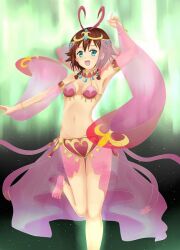 1girls amy_(suisei_no_gargantia) arm_bands arm_scarf aurora_borealis bare_arms bare_legs bare_midriff bare_shoulders bare_thighs barefoot belly_button belly_dancer belly_dancer_outfit belly_dancing bikini bikini_bottom bikini_top blue_gem blue_gemstone blue_head_gem blush bracelet brown_hair dancer dancer_class dancer_girl dancer_outfit female female_only gem gold_(metal) gold_bracelets gold_headwear gold_jewelry golden_bracelets golden_headwear green_eyes head_gem head_scarf headwear jewelry loincloth metal midriff navel northern_lights open_mouth pink_bikini pink_bikini_bottom pink_bikini_top pink_loincloth pink_slik scarf see-through_silk see_through_silk short_hair silk silk_loincloth silk_scarf silk_skirt solo suisei_no_gargantia sweat sweatdrop sweating thick_thighs