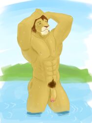 abs anthro balls bathing casual_nudity felid feline fingers flaccid foreskin fur genitals hi_res humanoid_genitalia humanoid_hands humanoid_penis leo_sus_art lion male mammal muscular muscular_anthro muscular_male nature nature_background nipples nude outdoor_nudity outside pantherine pecs penis simple_background solo water wet