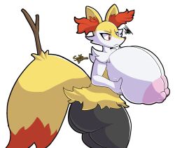 2023 anthro areola big_breasts braixen breasts canid canine digital_media_(artwork) female fox fur generation_6_pokemon hi_res huge_breasts hyper hyper_breasts mammal multicolored_body multicolored_fur nintendo nipples orange_body orange_eyes orange_fur orange_nose pokemon pokemon_(species) snekkobean stick tail thick_thighs transparent_background white_body white_fur yellow_body yellow_fur