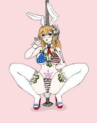 american_flag_bikini blonde_hair blue_eyes bunny_ears bunny_girl bunny_tail collar crown_braid fellatio_gesture flower_in_hair girls'_frontline high_heel_sandals high_heels large_breasts money_in_thighhigh money_in_thong money_in_underwear mosin-nagant_(girls'_frontline) pole_dancing tail_plug thighhighs tongue_out