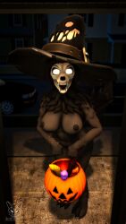 16:9 3d_(artwork) anthro ass big_breasts black_body black_fur bone breasts canid canine clothing digital_media_(artwork) female food foxibiki fruit fur hair halloween hat headgear headwear hi_res holidays looking_at_viewer mal0 malo mammal monster nipples nude plant pumpkin scp-1471 scp-1471-a scp_foundation skull skull_head smile solo source_filmmaker tail toy widescreen witch_hat