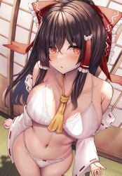 bare_shoulders black_hair blush bow bow_panties breasts collarbone crossed_bangs detached_sleeves female hair_ornament hakurei_reimu highres large_breasts liya long_sleeves looking_at_viewer navel panties red_eyes reimu_hakurei solo touhou underwear white_panties white_sleeves wide_sleeves