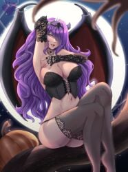 1girls 2023 alternate_costume armpits artist_name black_corset black_panties black_thighhighs breasts bridal_gauntlets camilla_(fire_emblem) cleavage corset cross-laced_clothes cross-laced_corset demon_girl demon_wings english_commentary female female_only fire_emblem fire_emblem_fates hair_ornament hair_over_one_eye halloween halloween_costume highres horns large_breasts light-skinned_female light_skin lipstick long_hair looking_at_viewer moon navel night night_sky nintendo no_shoes panties presenting_armpit pumpkin purple_eyes purple_hair red_lips rinku_bny sitting sitting_on_branch sky solo star_(sky) thick_thighs thighhighs tiara underwear watermark wings