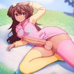 1futa 2023 asymmetrical_legwear big_penis bottomless breasts brown_eyes brown_hair clothed clothing dark-skinned_futanari dark_skin erection futa_only futanari goggles goggles_on_head grass hip_focus hood hoodie human large_penis long_hair lying medium_breasts on_side outdoors partially_clothed penis pink_hoodie pink_thighhighs sky smile solo solo_futa tan tan_skin testicles thick_thighs thighhighs tights yellow_thighhighs zoryc