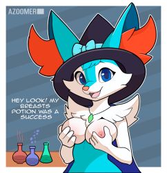 4_fingers anthro azoomer big_breasts blue_body blue_fur braixen breasts canid canine cheek_tuft ear_tuft facial_tuft female fingers flaire_the_braixen_(novathelucario) fur generation_6_pokemon hat looking_at_viewer mammal multicolored_body multicolored_fur necklace nintendo nipples pokemon pokemon_(species) potion shoulder_tuft tuft white_body white_fur witch witch_hat