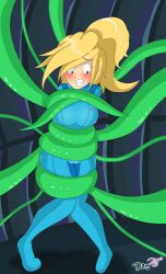 big_breasts blonde_hair blush captured captured_girl captured_heroine green_eyes green_tentacles long_hair long_ponytail metroid ponytail samus_aran skin_tight skin_tight_suit teeth teeth_showing tentacle tentacle_grab tentacle_wrapped_around_body thick_thighs zero_suit_samus