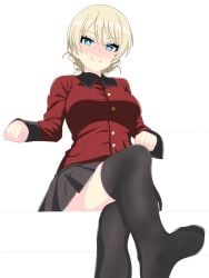 bedroom_eyes black_skirt black_thighhighs blonde_hair blue_eyes blush braid breasts closed_mouth darjeeling feet female foot_fetish french_braid girls_und_panzer knknkn_5 large_breasts looking_at_viewer military_uniform miniskirt simple_background skirt smile solo solo_female solo_focus st._gloriana's_military_uniform thighhighs uniform white_background