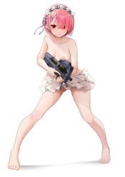 absurdres alternate_costume bare_shoulders barefoot bikini breasts bullpup collarbone commission female flower_knot full_body gibun_(sozoshu) gun gundere hair_ornament hair_ribbon highres holding holding_gun holding_weapon legs_apart looking_at_viewer machine_gun maid_headdress p90 personal_defense_weapon pink_hair pixiv_commission ram_(re:zero) re:zero_kara_hajimeru_isekai_seikatsu red_eyes red_hair red_ribbon ribbon shiny_skin short_hair small_breasts solo standing submachine_gun swimsuit topless weapon white_bikini x_hair_ornament