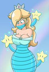 1girls bare_shoulders blonde_hair blue_background blue_eyes blush blush_lines bondage bound breasts cleavage crown daisy-pink71 ear_piercing female female_only femsub gag gagged gagged_female long_hair mario_(series) overboob princess_rosalina silver_crown simple_background solo standing star star_earrings super_mario_galaxy tape_gag taped_mouth tied_up wrapped_up wraps