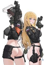 2girls ammunition_pouch armband ass assault_rifle black_jacket black_mask blonde_hair blue_eyes blush bottomless breasts candy combat_helmet cowboy_shot dual_wielding finger_on_trigger food gloves grey_hair gun handgun helmet highres holding holding_candy holding_food holding_gun holding_lollipop holding_weapon holster jacket large_breasts laser_sight load_bearing_equipment lollipop long_hair looking_at_viewer looking_back looking_to_the_side marker mask mouth_mask mp443 multiple_girls optical_sight original pasgt_helmet pouch rifle russian_flag sawkm skindentation smile standing tactical_clothes thigh_holster thigh_strap tongue tongue_out vertical_foregrip very_long_hair visor_(armor) visor_lift weapon