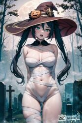 ai_generated alternate_costume blush cute female female_only genshin_impact graveyard kawaii_xgirl looking_at_viewer mona_(genshin_impact) mouth_open open_mouth pigtails solo witch witch_hat