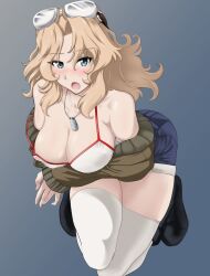 bikini blonde_hair blue_eyes blue_shorts blush breasts collarbone female girls_und_panzer kay_(girls_und_panzer) large_breasts long_hair looking_at_viewer military_uniform open_mouth saunders_military_uniform shorts simple_background solo uniform white_bikini white_thighhighs yoyokkun