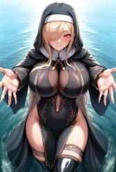 1girls ai_generated ai_love_higokko blonde_hair breasts female hi_res hips holaraai huge_breasts light-skinned_female light_skin long_hair massive_breasts nun nun's_habit nun_outfit original original_character red_eyes thick_thighs thighs wide_hips