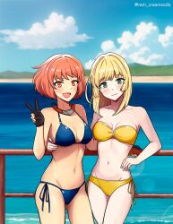 2023 2girls alternate_costume alternate_hairstyle artist_name bikini blonde_hair blue_bikini blue_swimsuit female_only fire_emblem fire_emblem:_three_houses fire_emblem_warriors:_three_hopes gloves green_eyes ingrid_brandl_galatea leonie_pinelli light-skinned_female light_skin looking_at_viewer medium_hair nintendo official_alternate_hairstyle orange_eyes orange_hair peace_sign rein_creamsoda short_hair swimsuit v watermark yellow_bikini yellow_swimsuit