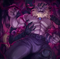 abs anthro bandai_namco big_penis blonde_hair clawed_fingers clothed clothing corruption devimon digimon digimon_(species) duo erection genitals groping_from_behind hair hi_res huge_cock leomon male male/male male_only mane muscular muscular_anthro muscular_male nipples nurinaki pecs penis red_eyes topless