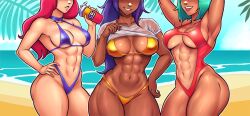 3girls abs armpits arms_up ass beach bikini biting_lip blush breasts cleavage cleavage_cutout dark-skinned_female dark_skin gamer_supps green_hair hi_res holding_object iahfy large_breasts medium_breasts muscular muscular_female navel parted_lips purple_hair red_hair shirt_lift sweat sweating sweaty sweaty_body swimsuit tongue_out underboob