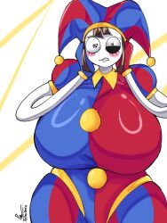 2023 2d 2d_(artwork) 2d_artwork artist_request big_breasts breasts brown_hair female glitch_productions gloves gooseworx huge_breasts huge_thighs jester jester_costume jester_hat jester_outfit looking_at_viewer pomni pomni_(the_amazing_digital_circus) short_hair tagme the_amazing_digital_circus thick_thighs white_body