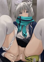 absurdres abydos_high_school_student animal_ears black_skirt blue_archive blue_eyes blue_necktie blue_scarf censored disuto female foreclosure_task_force_(blue_archive) grey_hair hair_ornament hairclip halo heterochromatic_pupils highres looking_at_viewer medium_hair necktie panties panties_around_one_leg pubic_hair pussy scarf shiroko_(blue_archive) shirt skirt socks solo spread_pussy thighhighs thighs underwear white_panties white_pupil white_shirt white_socks wolf_ears