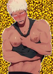 1boy bara black_tank_top blonde_hair blush crying crying_with_eyes_open haiki_(tegusu) highres large_pectorals male_focus male_lactation muscular muscular_male navel nipples no_visible_genitalia open_mouth original pectorals short_hair simple_background solo tank_top tears upper_body