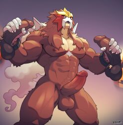 abs anthro arcanine balls barazoku biceps big_muscles big_pecs brown_body brown_fur cuffs_(clothing) digital_media_(artwork) disembodied_penis entei fur gay generation_1_pokemon generation_2_pokemon genitals glans hair hand_on_penis hi_res hisuian_arcanine hisuian_form humanoid_genitalia humanoid_penis legendary_pokemon looking_at_viewer male male/male mammal muscular muscular_anthro muscular_male nintendo nipples nude open_mouth pecs penis pokemon pokemon_(species) red_eyes regional_form_(pokemon) simple_background solo voviat