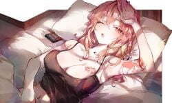 1girls arm_tattoo bed belly_button blonde_hair breast_tattoo breasts busty cleavage cocoballking female genshin_impact hi_res large_breasts lying on_bed one_eye_closed pillow sunshine tagme tank_top tattoo waking_up yoimiya_(genshin_impact)