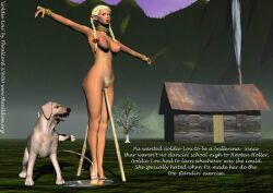 1animal 1dog 1girls 2000 2000s 2000s_and_2010s_style 3d anal_insertion arms_tied blonde_hair blonde_pubic_hair bondage canine double_insertion double_penetration english_text hut indoors long_hair medium_breasts mountainous_horizon naked_female outside peeing peeing_on_another pubic_hair smoke standing_on_tip_toes stationary_restraints stick_in_pussy thrallord tiptoes tree twin_braids uncensored urinating urine vaginal_insertion