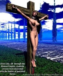 1990s 1999 3d black_hair collar cross crown_of_thorns crucifixion execution naked_female slave thrallord