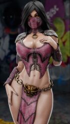 3d absurdres big_breasts black_hair cum_target female female_only glowing_eyes massive_breasts mileena mortal_kombat mortal_kombat_x mostly_nude perfect_body pervertmuffinmajima pink_clothing seductive_pose thigh_highs