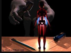 1female 1male 3d naked_female pen pliers shrunken_woman skeleton standing_on_table thrallord